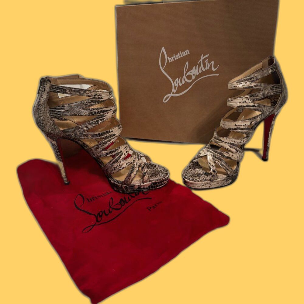 Christian Louboutin Grey/White Lizard Leather "Fernando" Cage Sandals